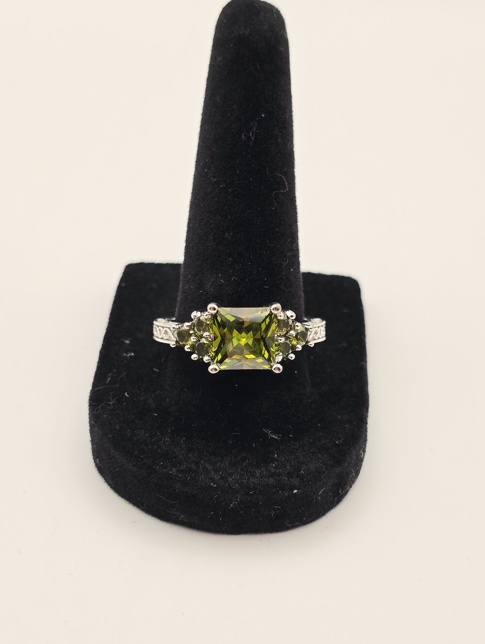 Green Square-Cut Crystal Ring in Silver Setting